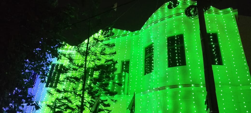 The building of Quaid-i-Azam Academy illuminated on eve of 79th independence day celebrations